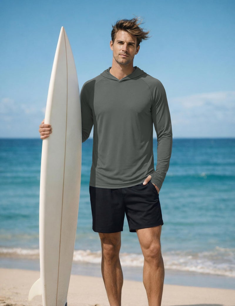 KEFITEVD Men Swim Shirt Sun UV Protection Long Sleeve Quick Dry Water Beach Rash Guard Workout Gym Hoodie Dark Gray S - Image 2
